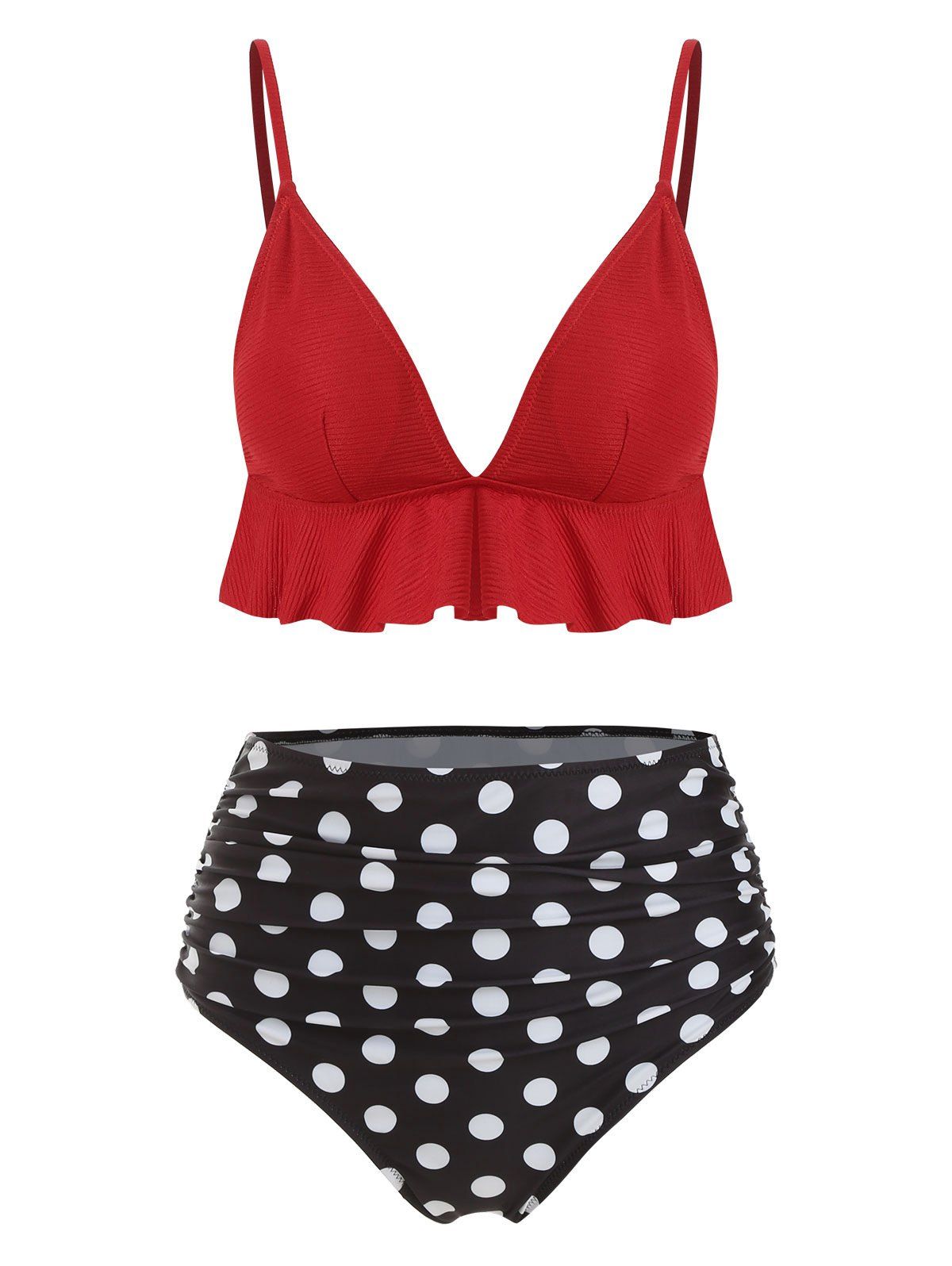 

Crinkly Polka Dot Ruched High Waisted Bikini Swimsuit, Red