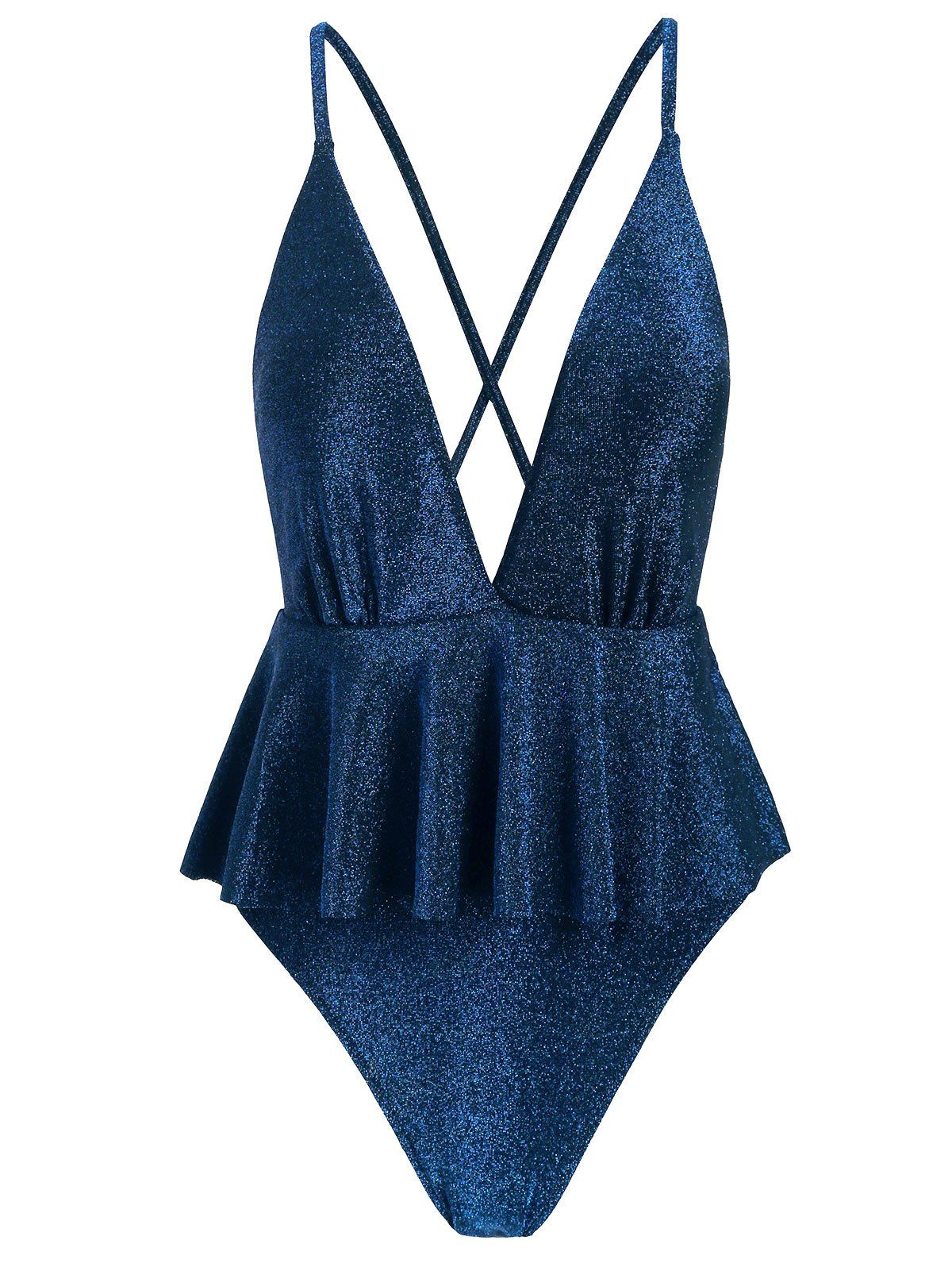 

Metallic Thread Crisscross Peplum One-piece Swimsuit, Deep blue