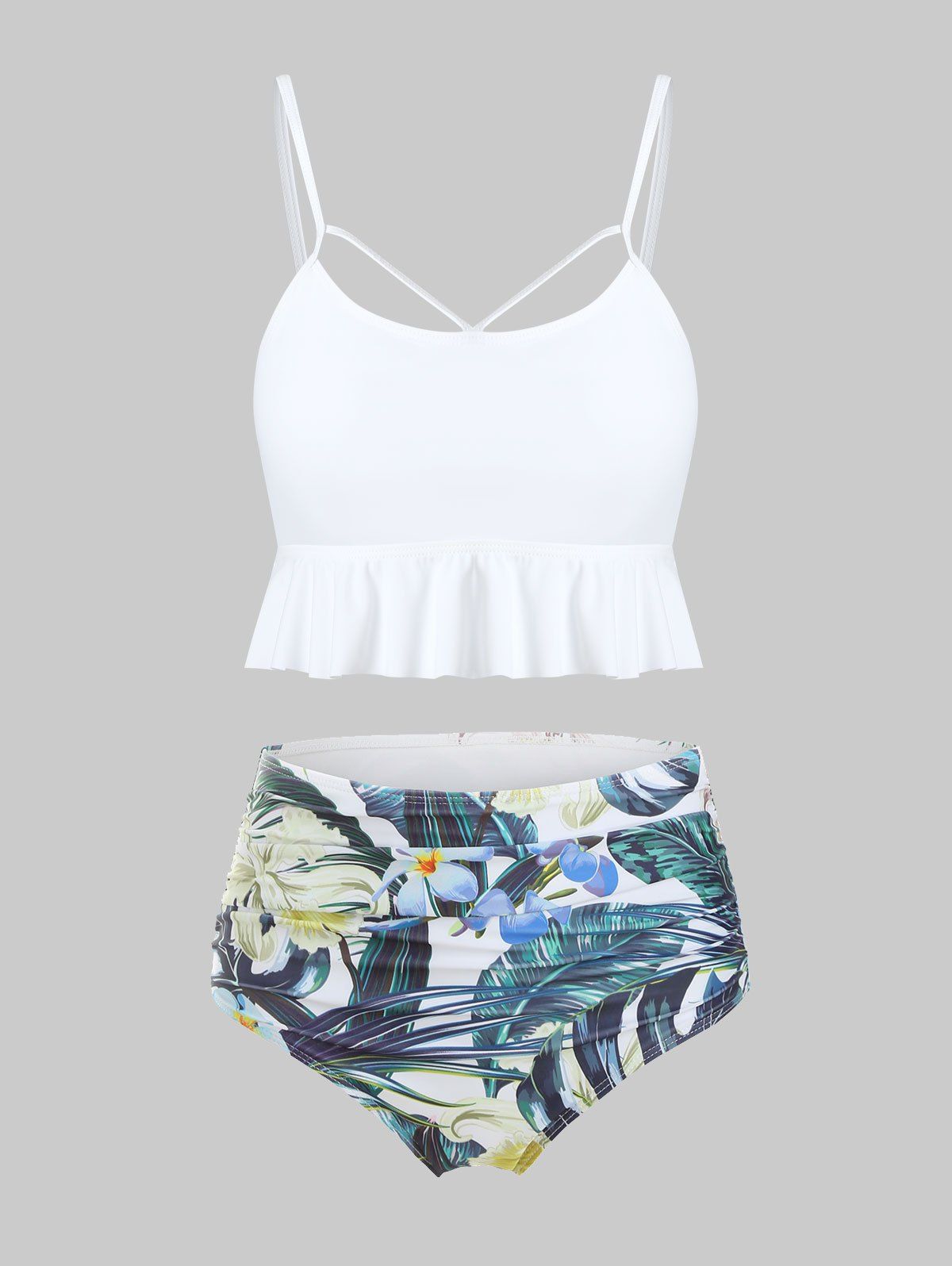 

Floral Leaf Lace-up Flounce Tankini Swimsuit, White