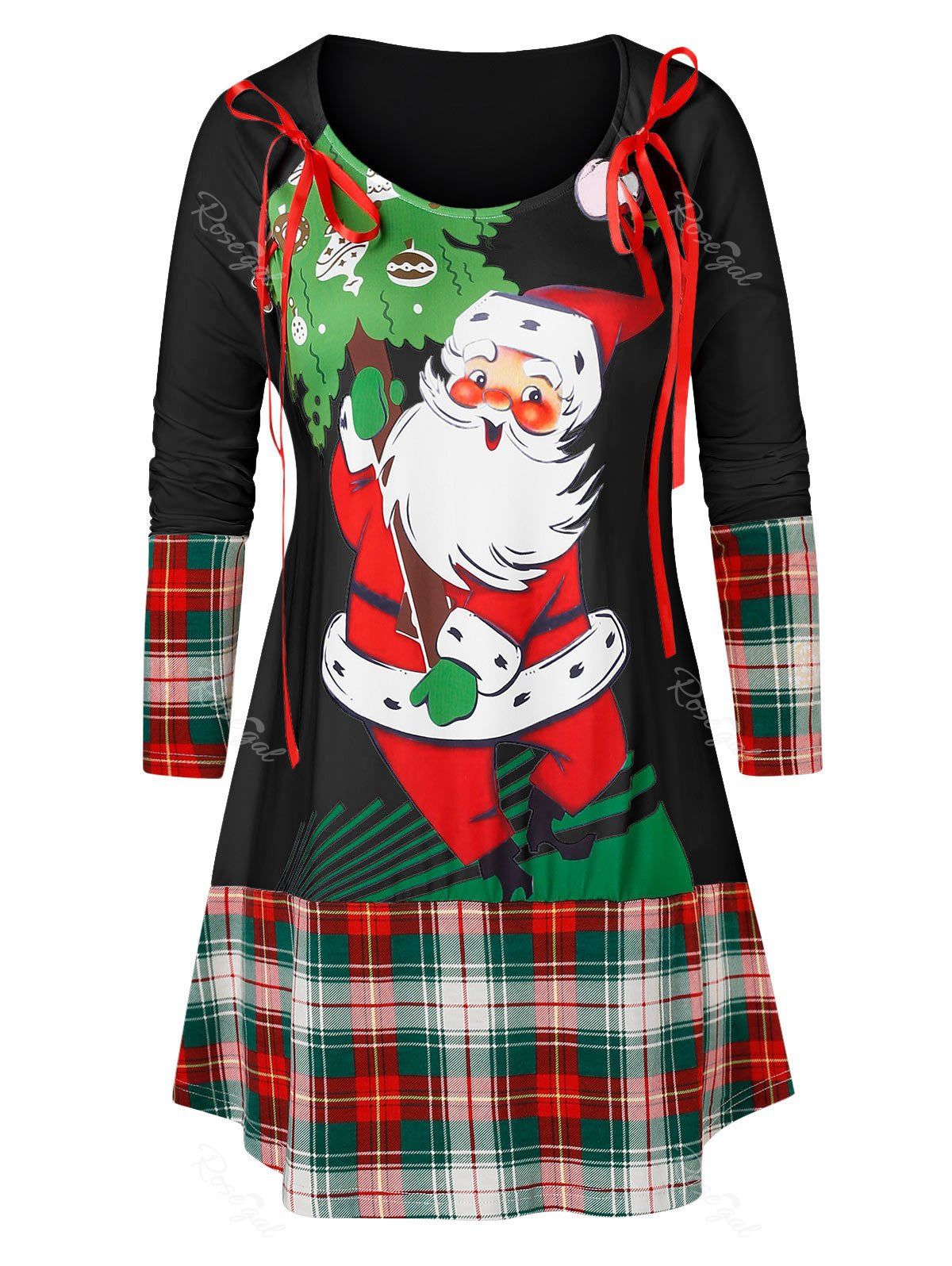 

Plus Size Christmas Santa Claus Print Plaid T Shirt, Black