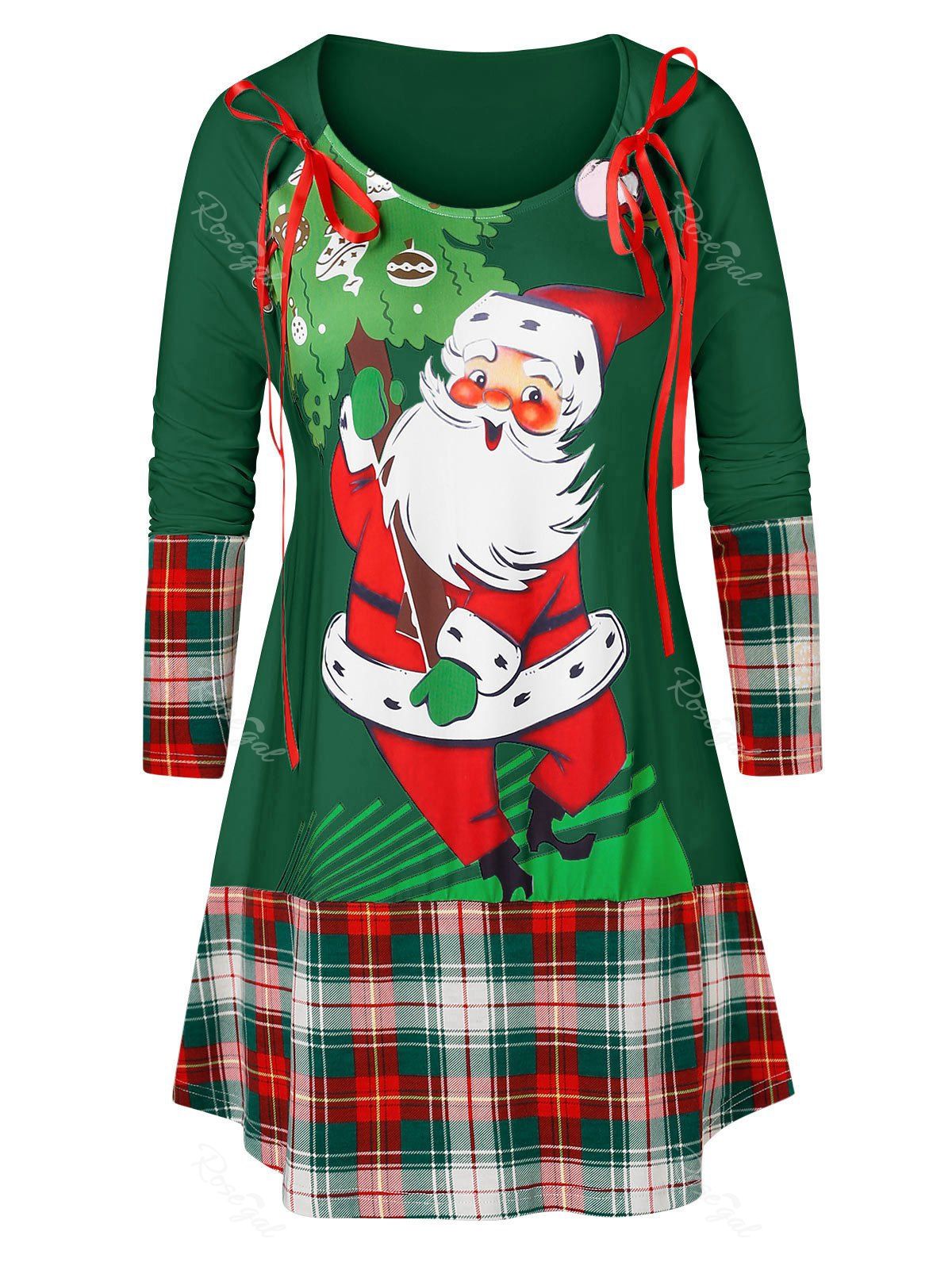 

Plus Size Christmas Santa Claus Print Plaid T Shirt, Pine green