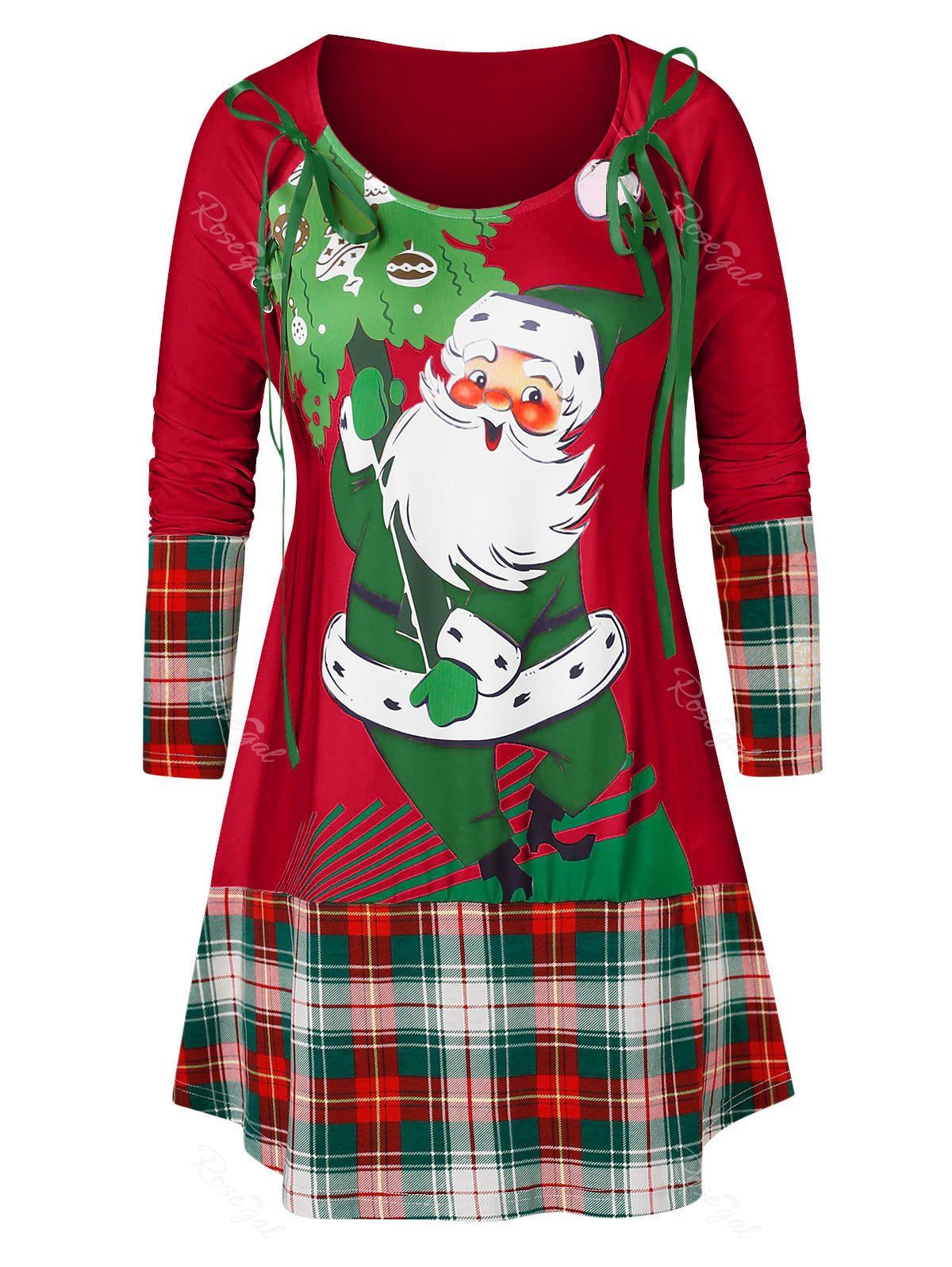 

Plus Size Christmas Santa Claus Print Plaid T Shirt, Red