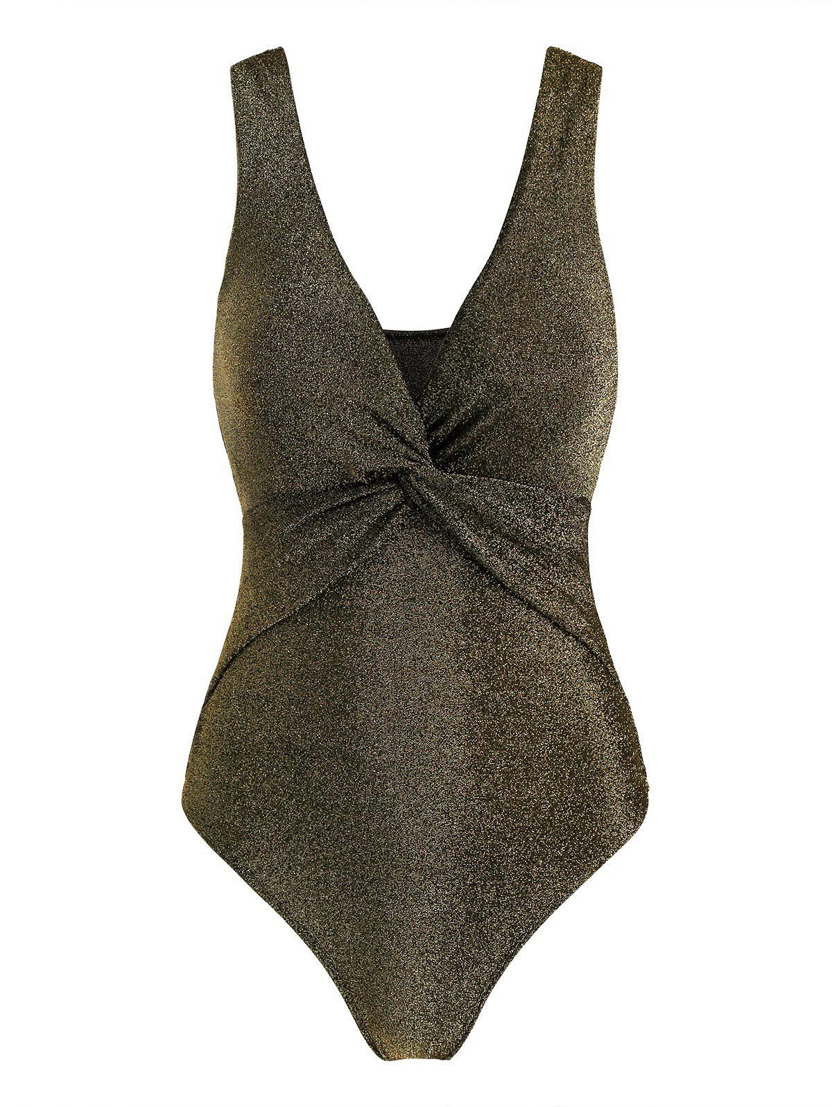 

Plunge Twist-front Metallic Thread One-piece Swimsuit, Champagne gold