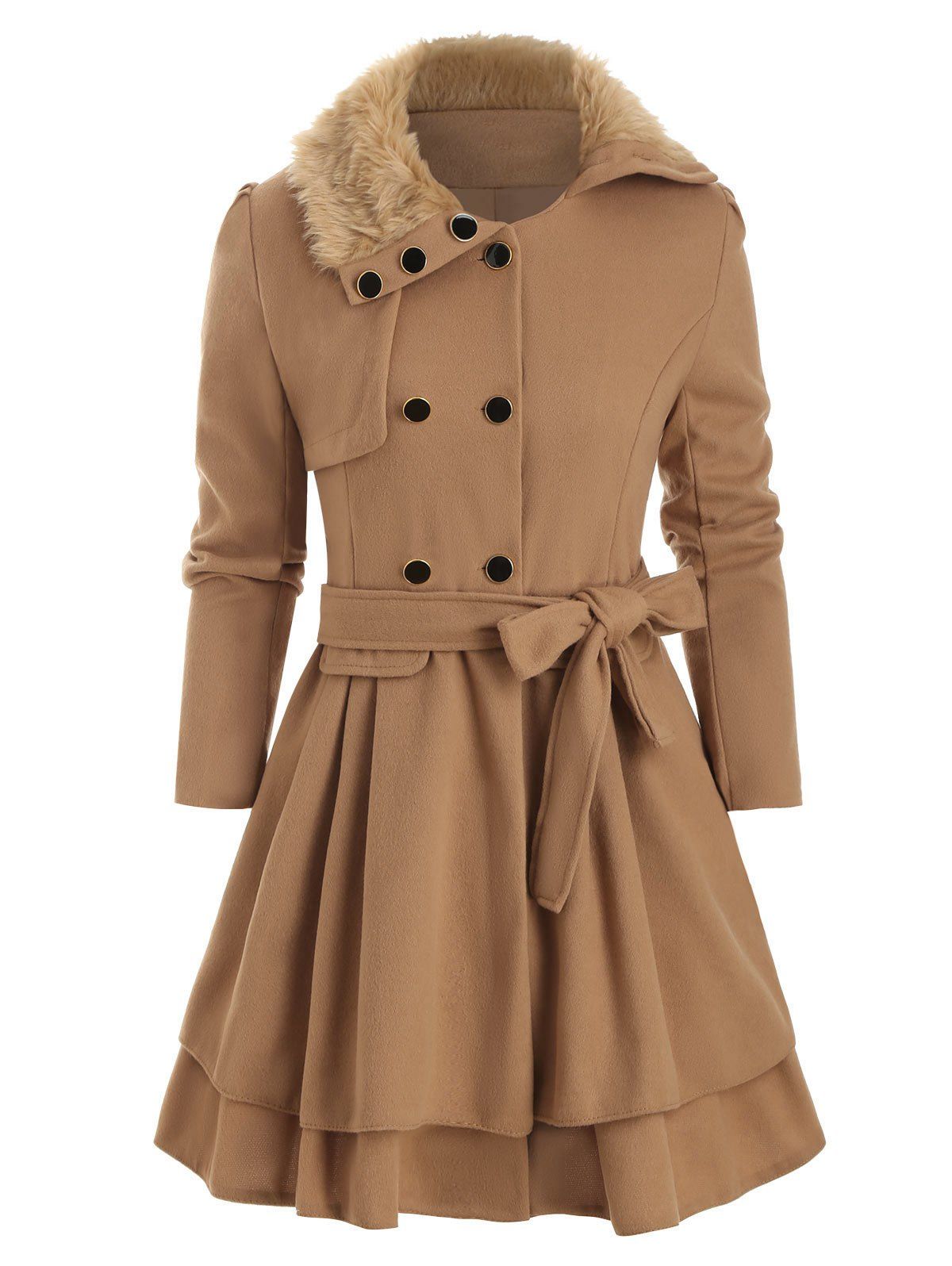 

Faux Fur Collar Double Breasted Belted Wool Blend Coat, Camel brown