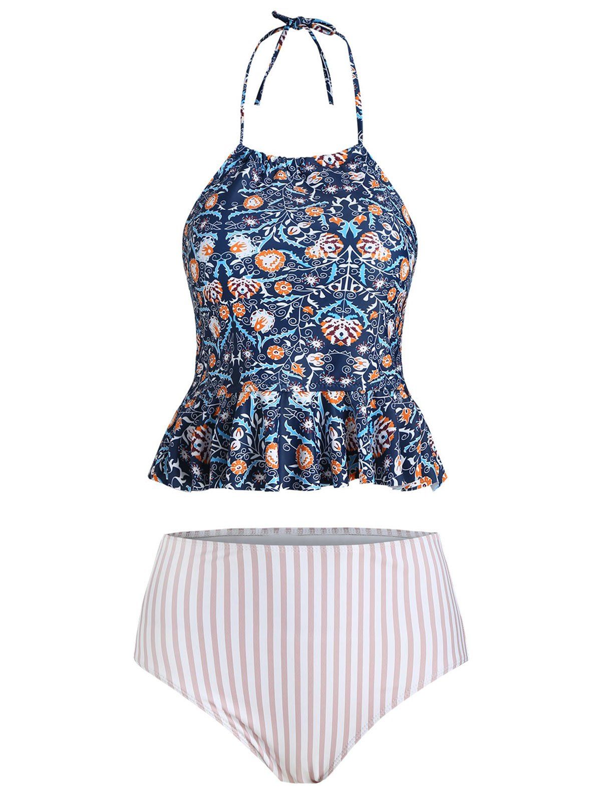 

Halter Printed Flounce Striped Tankini Swimsuit, Deep blue
