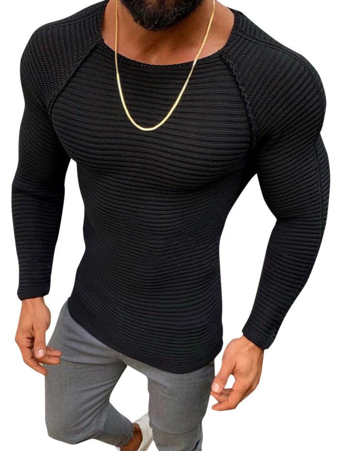 

Solid Color Raglan Sleeve Purl Knit Sweater, Black