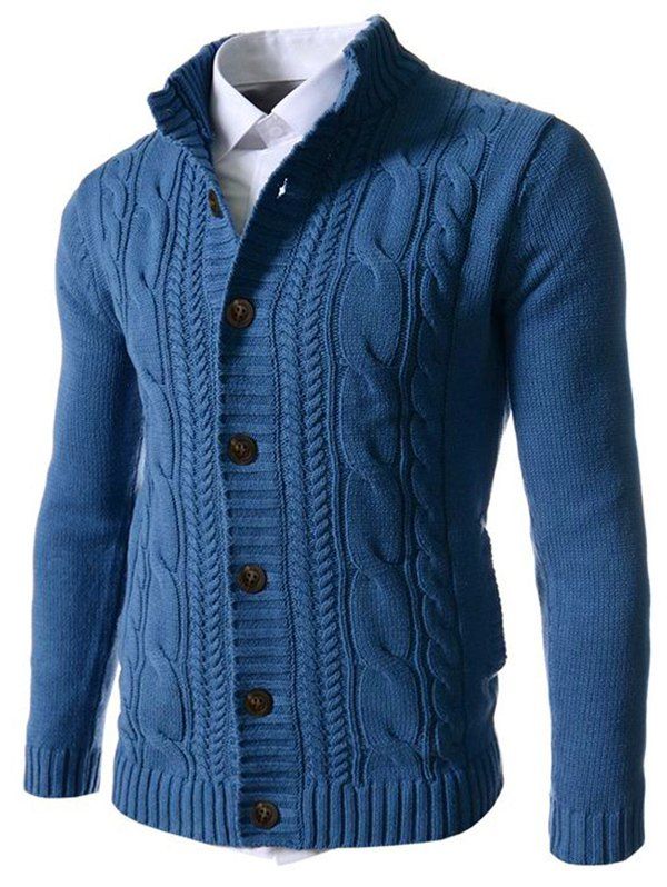 

Stand Collar Cable Knit Button Up Cardigan, Blue