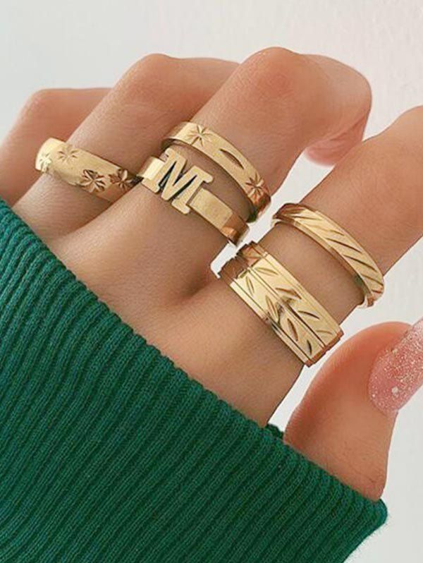 

5Pcs Letter Engraved Branch Ring Set, Gold