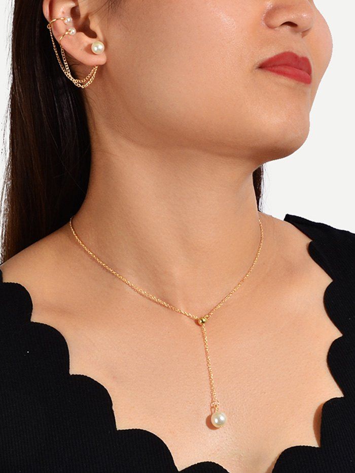 

Faux Pearl Brief Chain Necklace Earring Set, Gold