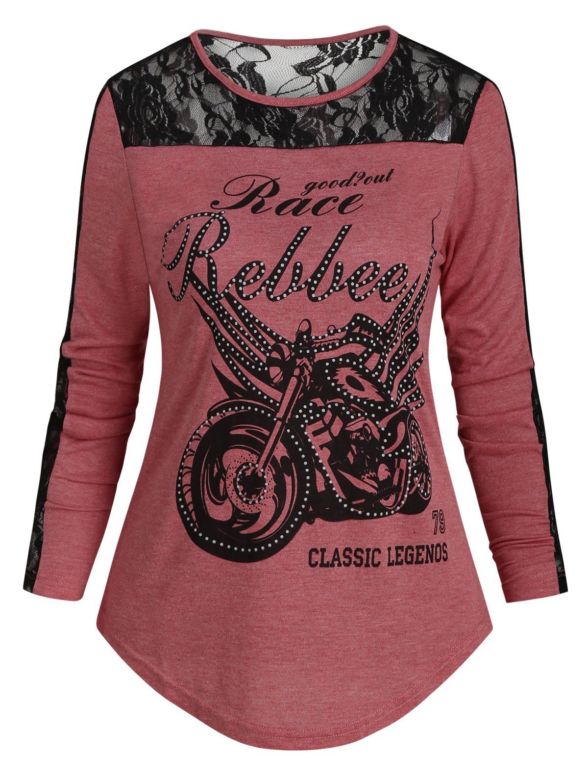 

Lace Panel Motorcycle Letter Long Sleeves Tee, Light coral
