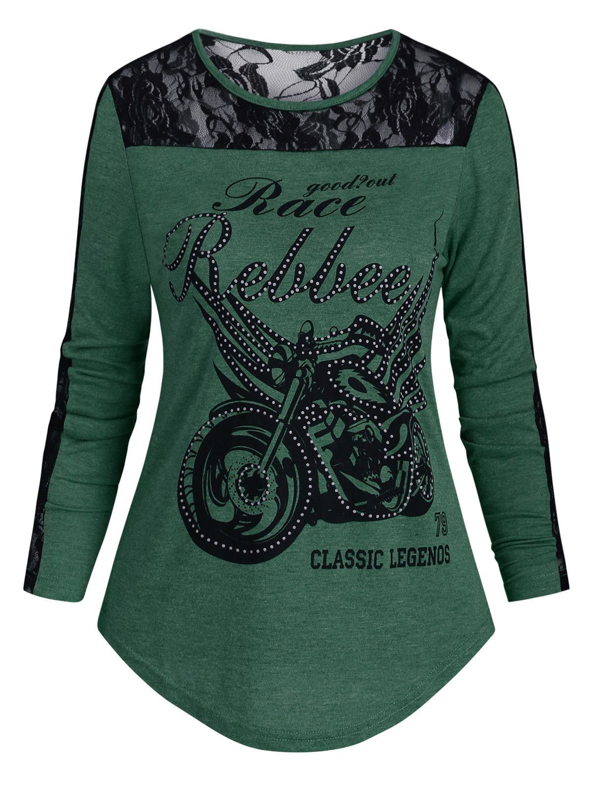 

Lace Panel Motorcycle Letter Long Sleeves Tee, Medium forest green