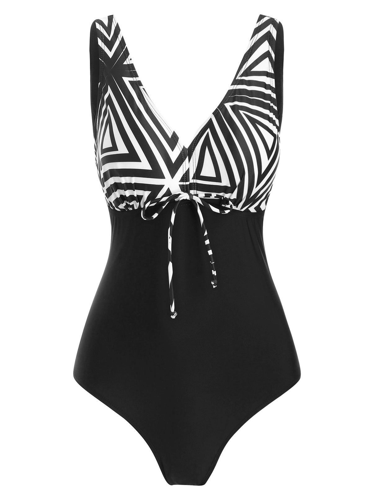 

V Neck Geo Print One-piece Swimsuit, Black