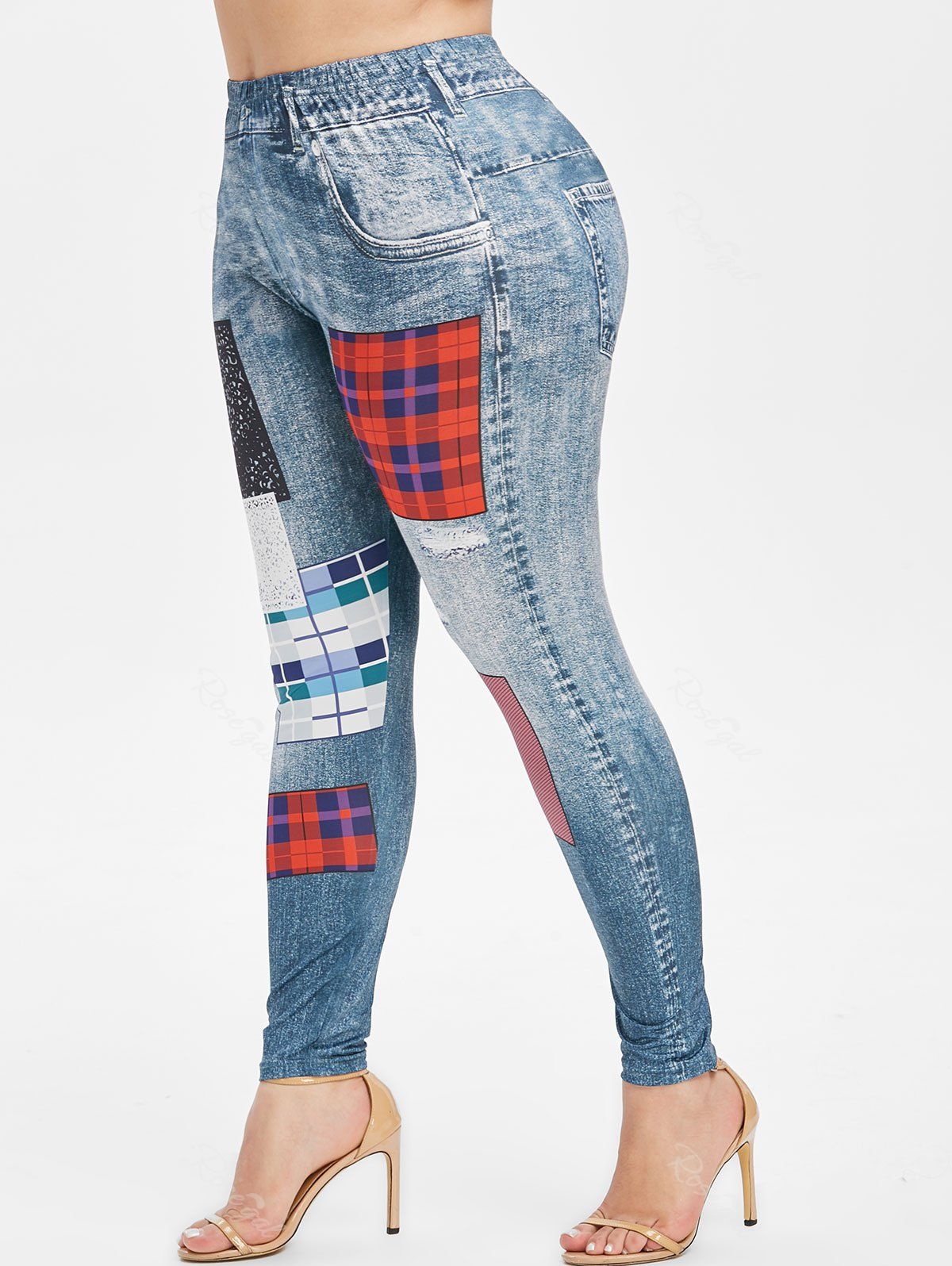 

Plus Size Plaid 3D Patch Print Skinny Jeggings, Baby blue