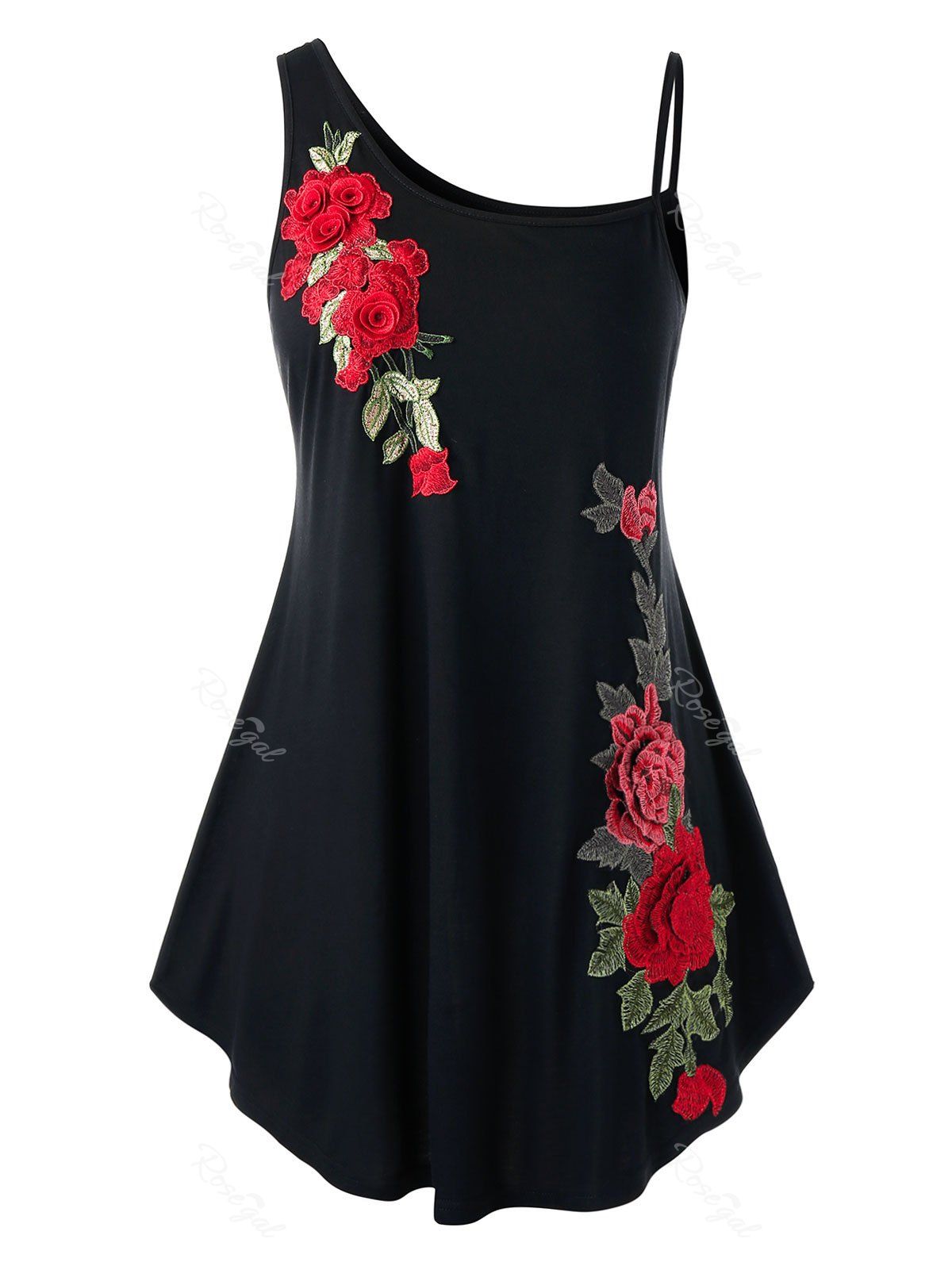 

Plus Size Embroidery Skew Neck Tank Top, Black