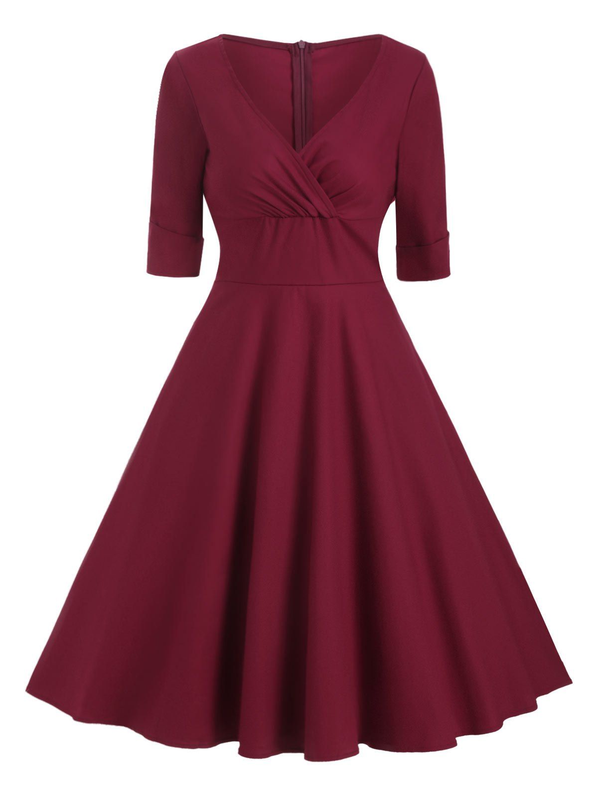 

Cuffed Sleeves V Neck Solid Dress, Red wine