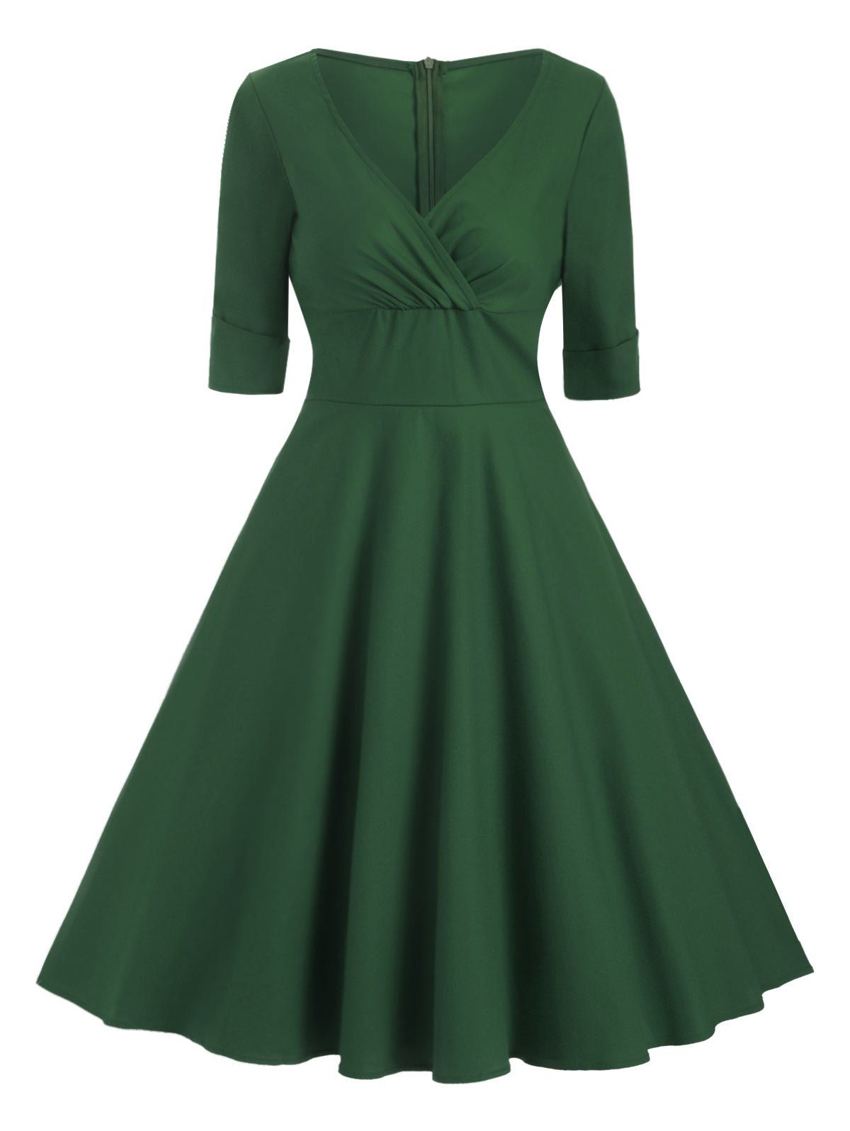 

Cuffed Sleeves V Neck Solid Dress, Medium forest green