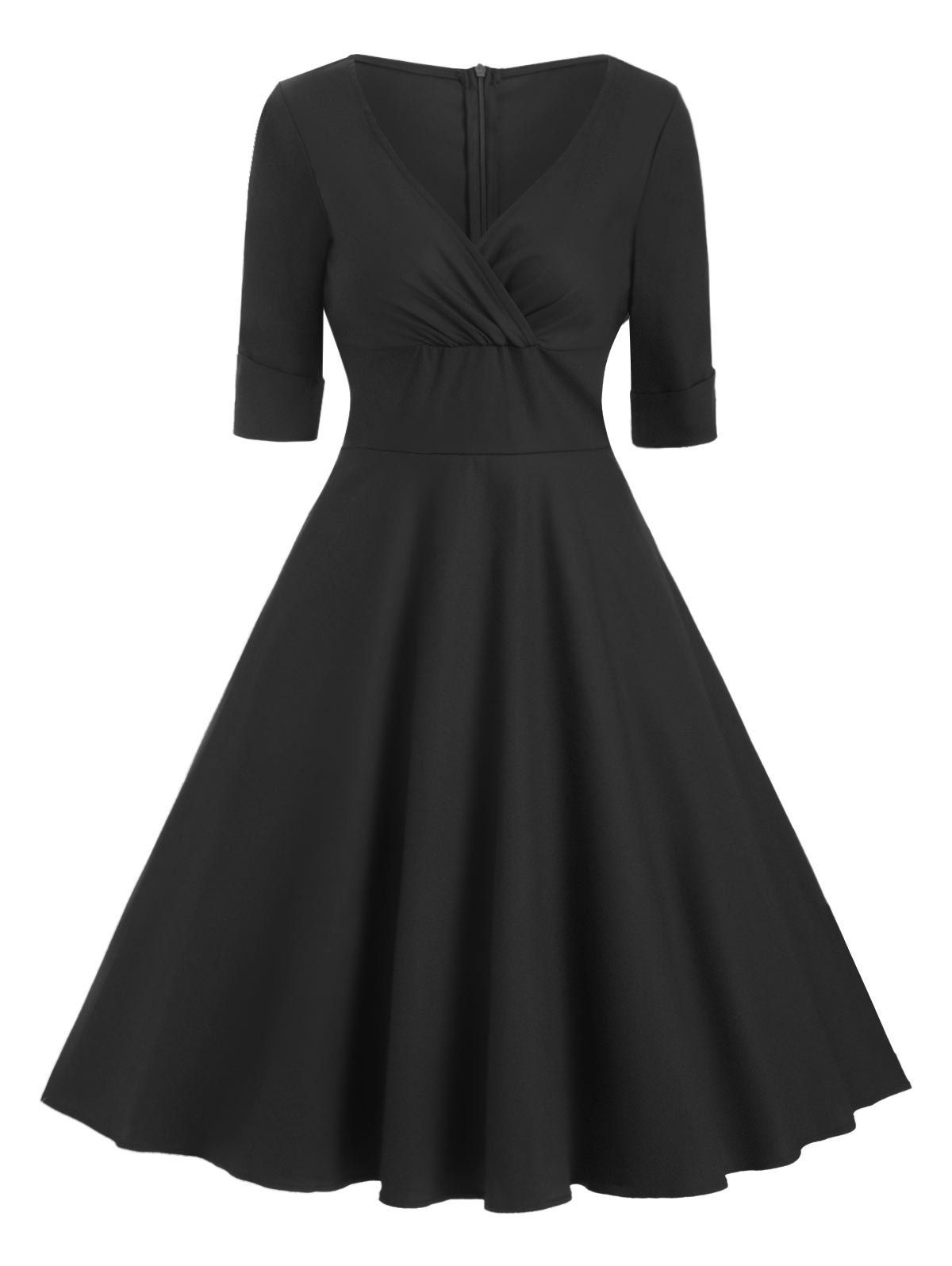 

Cuffed Sleeves V Neck Solid Dress, Black