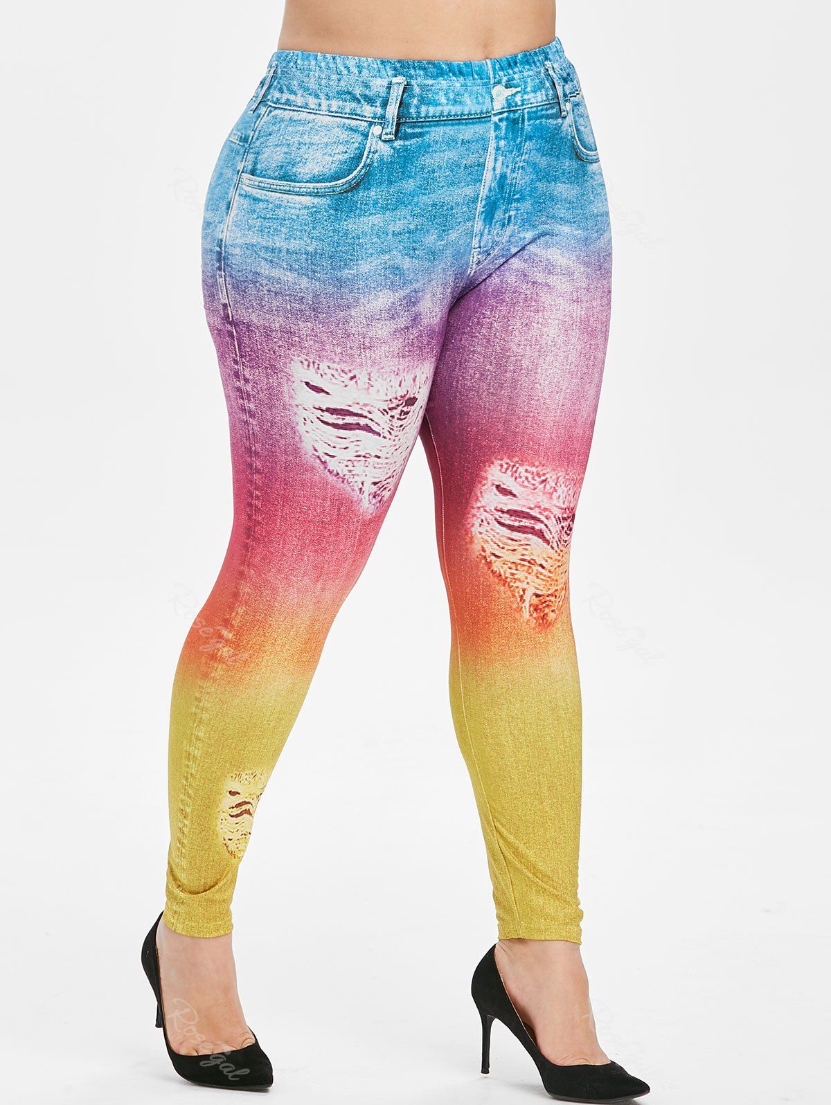 

Plus Size 3D Ripped Print Ombre Jeggings, Jeans blue