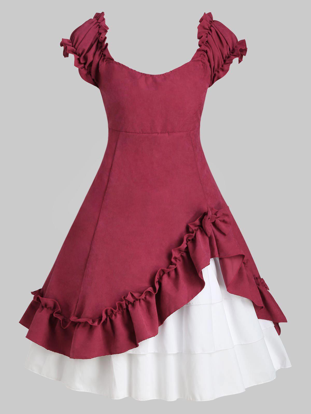 

Bowknot Ruffles Vintage Cap Sleeves Dress, Tulip pink