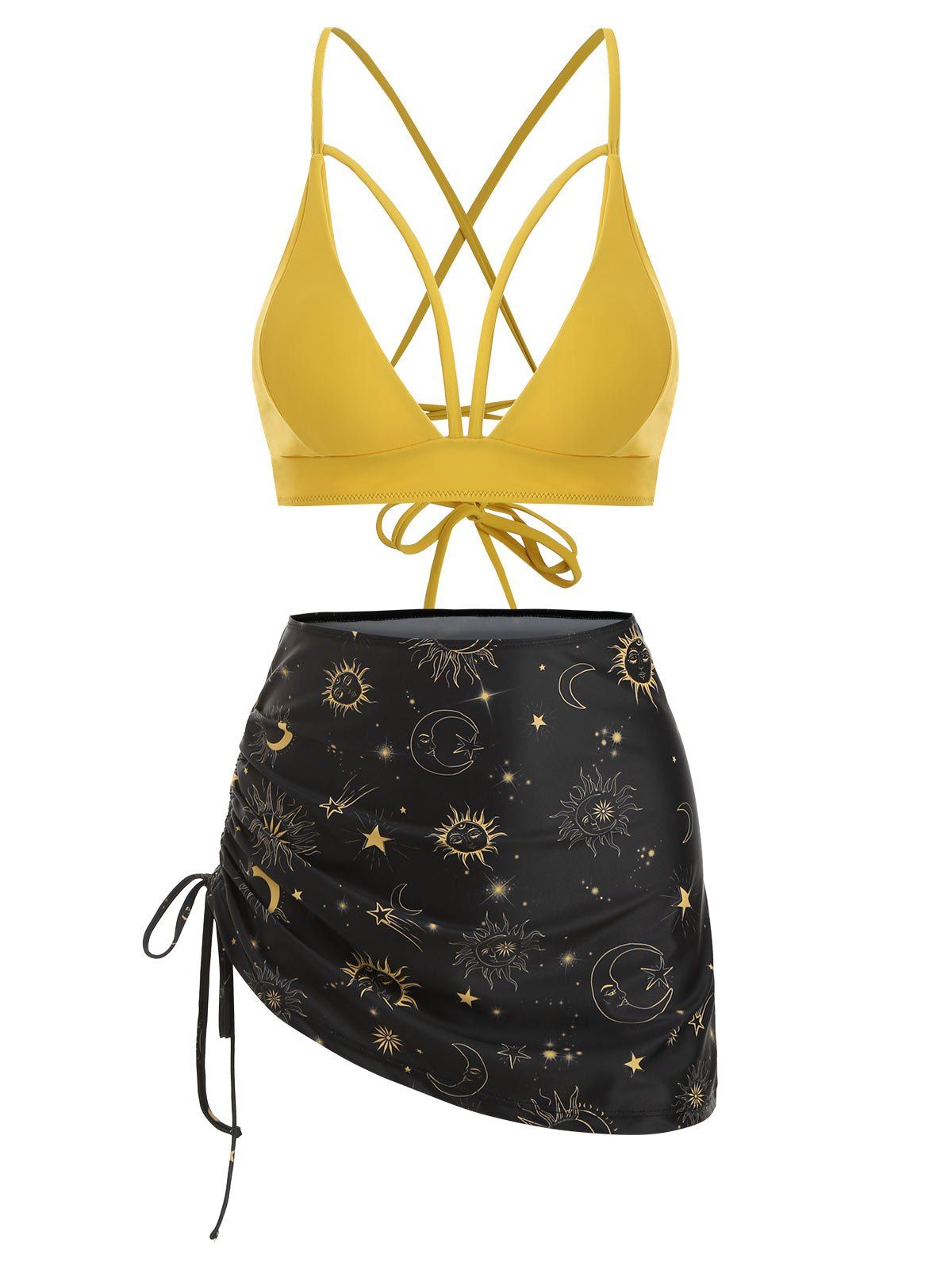 sun moon star print lace up tummy control tankini swimwear