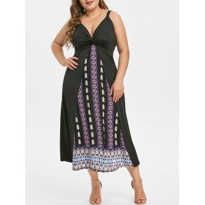 

Sleeveless Twisted Front Printed Plus Size Dress, Black
