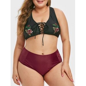 

Plus Size Lace Up Embroidered Bikini Swimsuit, Black