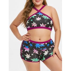 

Plus Size Maple Leaf Crossover Boyshorts Bikini Swimsuit, Multi