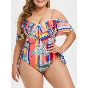

Plus Size Palm Print Lace Up Ruffled One-piece Swimsuit, Watermelon pink