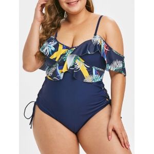 

Plus Size Lace Up Ruffled Palm Print One-piece Swimsuit, Cadetblue