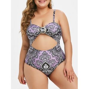 

Plus Size Paisley Print Ring Cutout One-piece Swimsuit, Purple