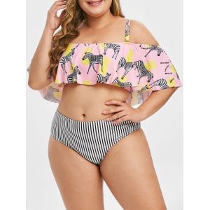 

Plus Size Zebra Pineapple Striped Flounce Tankini Swimsuit, Pink
