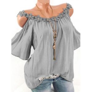 

Plus Size Lace Applique Open Shoulder T Shirt Cold Shoulder Tops Clothing, Light gray