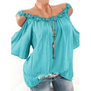 

Plus Size Lace Applique Open Shoulder T Shirt Cold Shoulder Tops Clothing, Sky blue