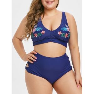 

Plus Size Floral Leaf Embroidered Bowknot Tankini Swimsuit, Blue