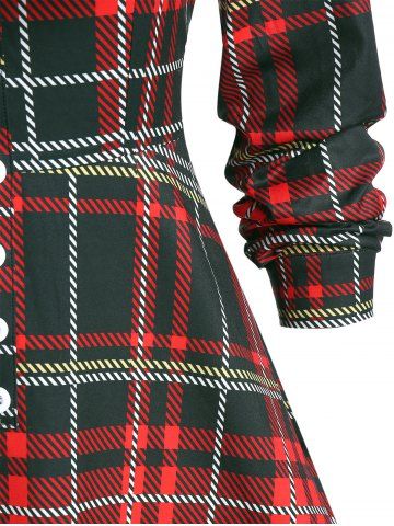 

Christmas Plaid Print Mock Button Bowknot Skater Dress, Dark green