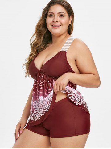 

Lace Straps Contrast Leaves Print Plus Size Tankini Swimsuit, Red wine