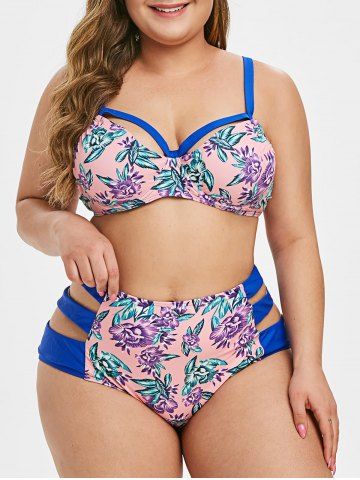 OFF Tropical Palm Floral Halter Plus Size Ladder Cut Bikini Rosegal