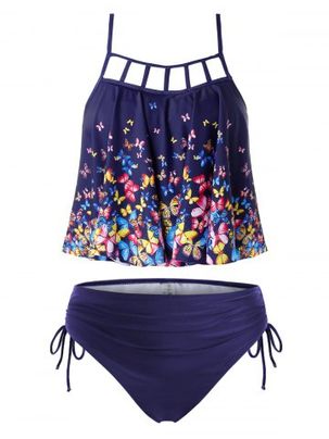 Plus Size Butterfly Print Lattice Cinched Tankini Swimsuit