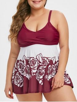 Ruched Floral Rose Plus Size Tankini Swimsuit - RED WINE - L