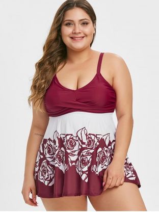 Ruched Floral Rose Plus Size Tankini Swimsuit