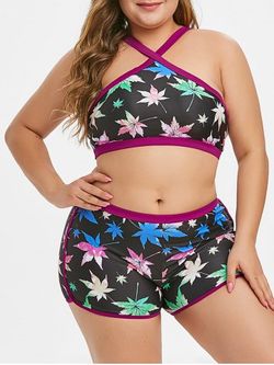 Plus Size Maple Leaf Crossover Boyshorts Bikini Swimsuit - MULTI - L
