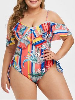 Plus Size Palm Print Lace Up Ruffled One-piece Swimsuit - WATERMELON PINK - 1X