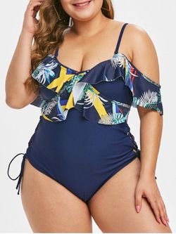 Plus Size Lace Up Ruffled Palm Print One-piece Swimsuit - CADETBLUE - 2X