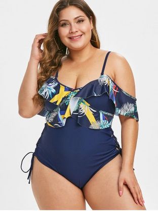 Plus Size Lace Up Ruffled Palm Print One-piece Swimsuit