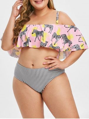 Plus Size Zebra Pineapple Striped Flounce Tankini Swimsuit