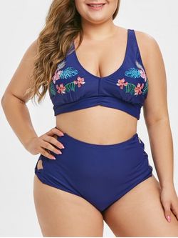 Plus Size Floral Leaf Embroidered Bowknot Tankini Swimsuit - BLUE - 5X
