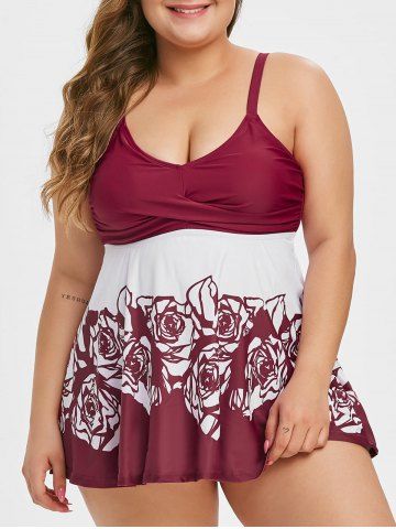 Ruched Floral Rose Plus Size Tankini Swimsuit - RED WINE - 1X
