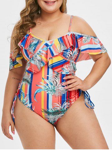 Plus Size Palm Print Lace Up Ruffled One-piece Swimsuit - WATERMELON PINK - L