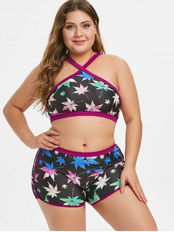 Plus Size Maple Leaf Crossover Boyshorts Bikini Swimsuit