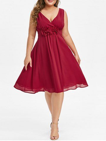 Plus Size Fit And Flare Wrap Collar Dress - RED WINE - 4X